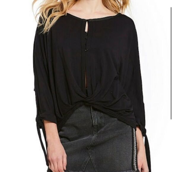 Free People Keepin On Tie Sleeve Top Blouse Black - Picture 2 of 12